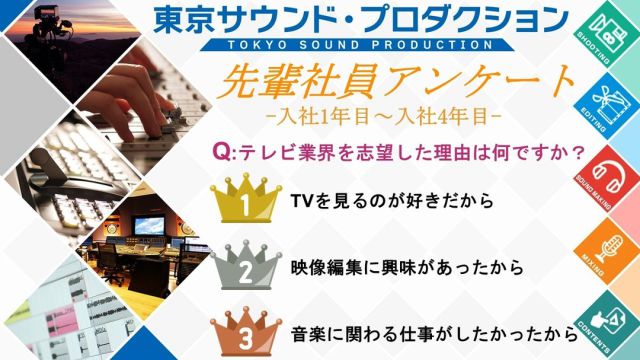 東京サウンドプロダクション
若手に聞いた、この仕事の志望理由ランキング！！
3位～1位の発表。番外編はTwitterから見れます。

まずはTSPのLINEに登録！
https://onl.bz/MbW53mA

#24卒 #専門卒 #新卒 #就活 #若手 #テレ朝グループ #テレビの仕事 #ランキング #先輩メッセージ #TSP採用 #キャリタス #未経験者多数 #港区で働く #ABEMA #リクルート #映像業界 #24卒と繋がりたい #感動は作れる #TSPイズム #60周年 #志望理由 #LINEで採用 #エンタメ業界 #マスコミ業界 #新卒採用